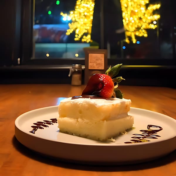 A slice of Amrut Fusion's Asian-fusion dessert, topped with strawberry and chocolate drizzle, on a white plate.